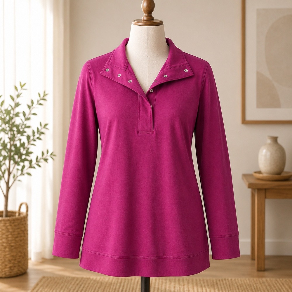 D&Co. Active Pullover Sweatshirt Womens 1X Purple Snap Neck Waffle Knit Top